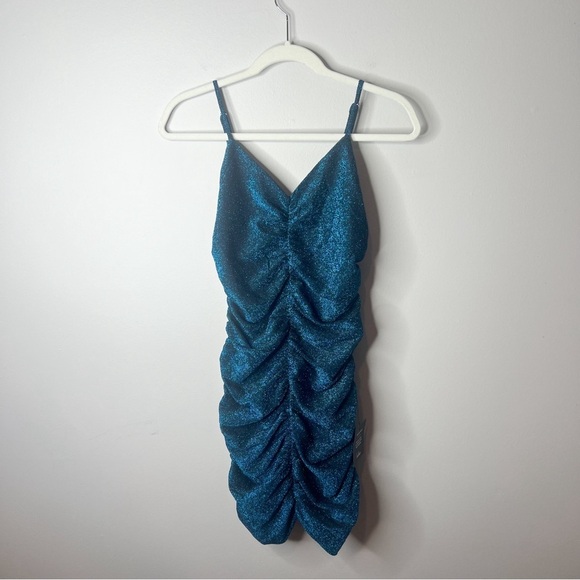 Lulus NWT Striking Moves Teal Metallic Ruched Body Mini Dress - Picture 4 of 10